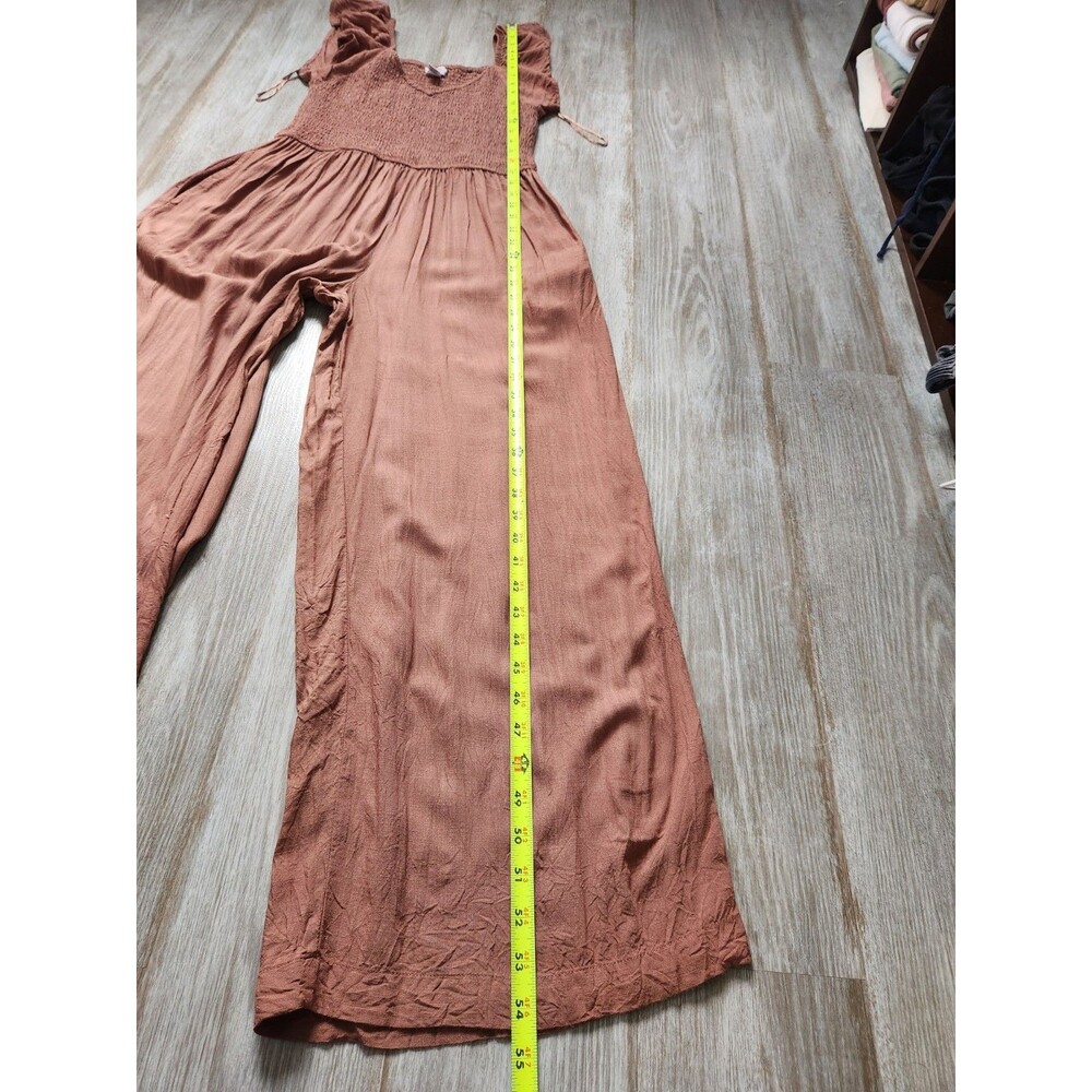 Japna Wide Leg Jumpsuit Womens M Rust Smocked Bodice Puff Sleeve Boho Romper EUC - Picture 11 of 12